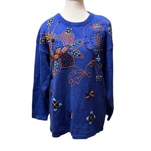 Vintage Western Connection Beaded Floral Embellished‎ Blue Knit Sweater